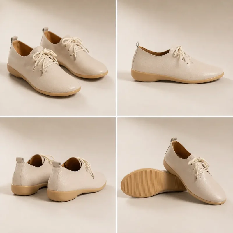Mocassin femme en cuir véritable à bout pointu vu sous plusieurs angles, détail du dessus et de la semelle