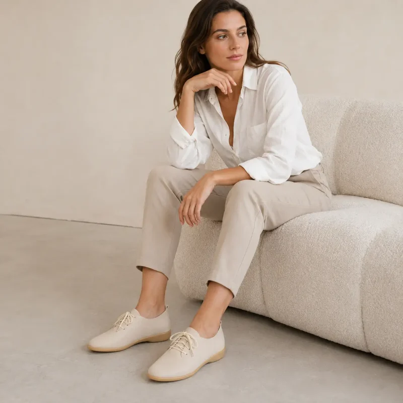 Femme portant un mocassin en cuir véritable à bout pointu dans une tenue élégante