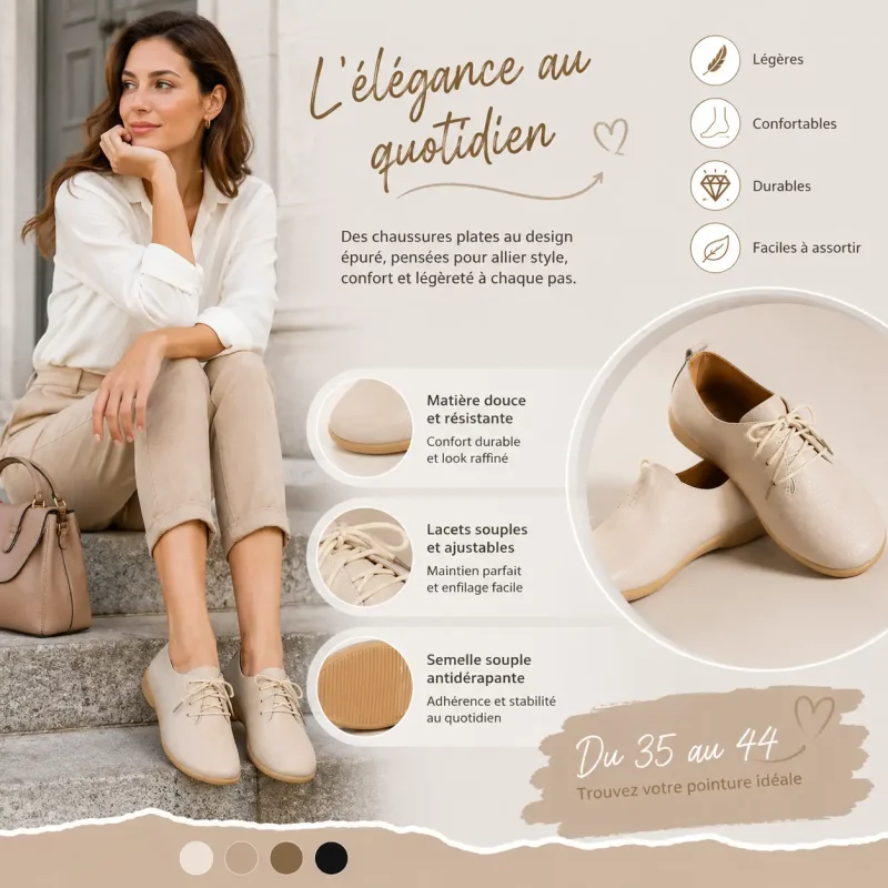 Infographie des caractéristiques du mocassin femme en cuir véritable à bout pointu