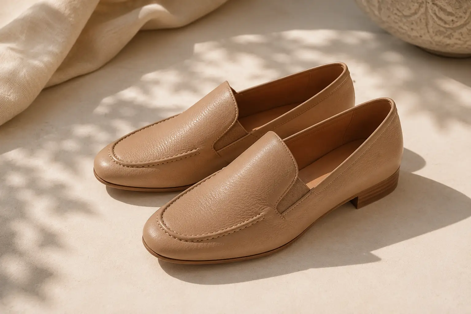 Mocassins femme en cuir souple beige, élégants et confortables pour pieds larges