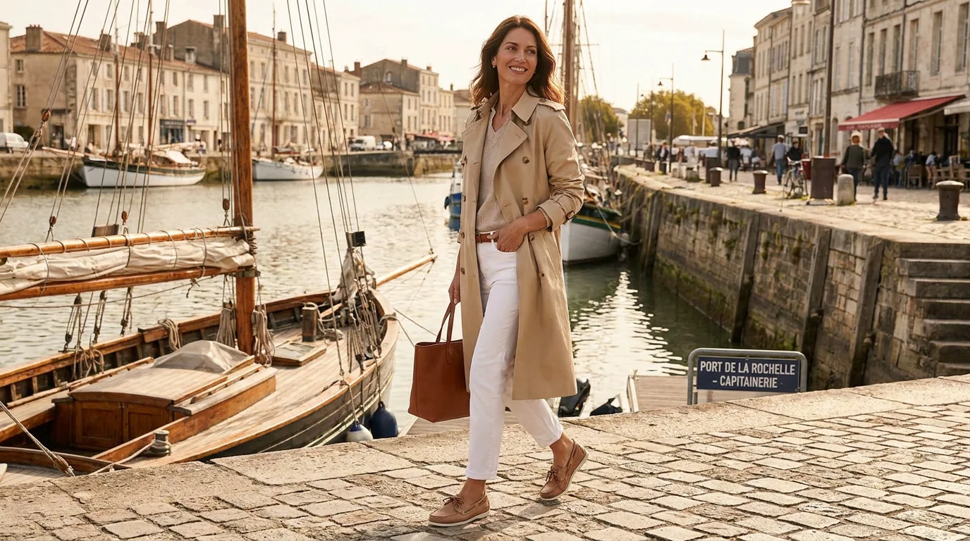 Femme portant des mocassins bateau en cuir sur un quai maritime en France