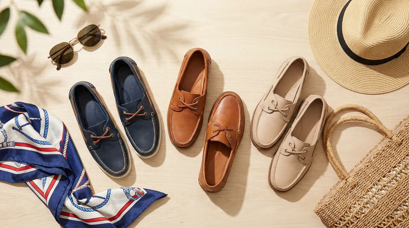 Trois paires de mocassins bateau femme en cuir dans différents coloris posées sur fond bois