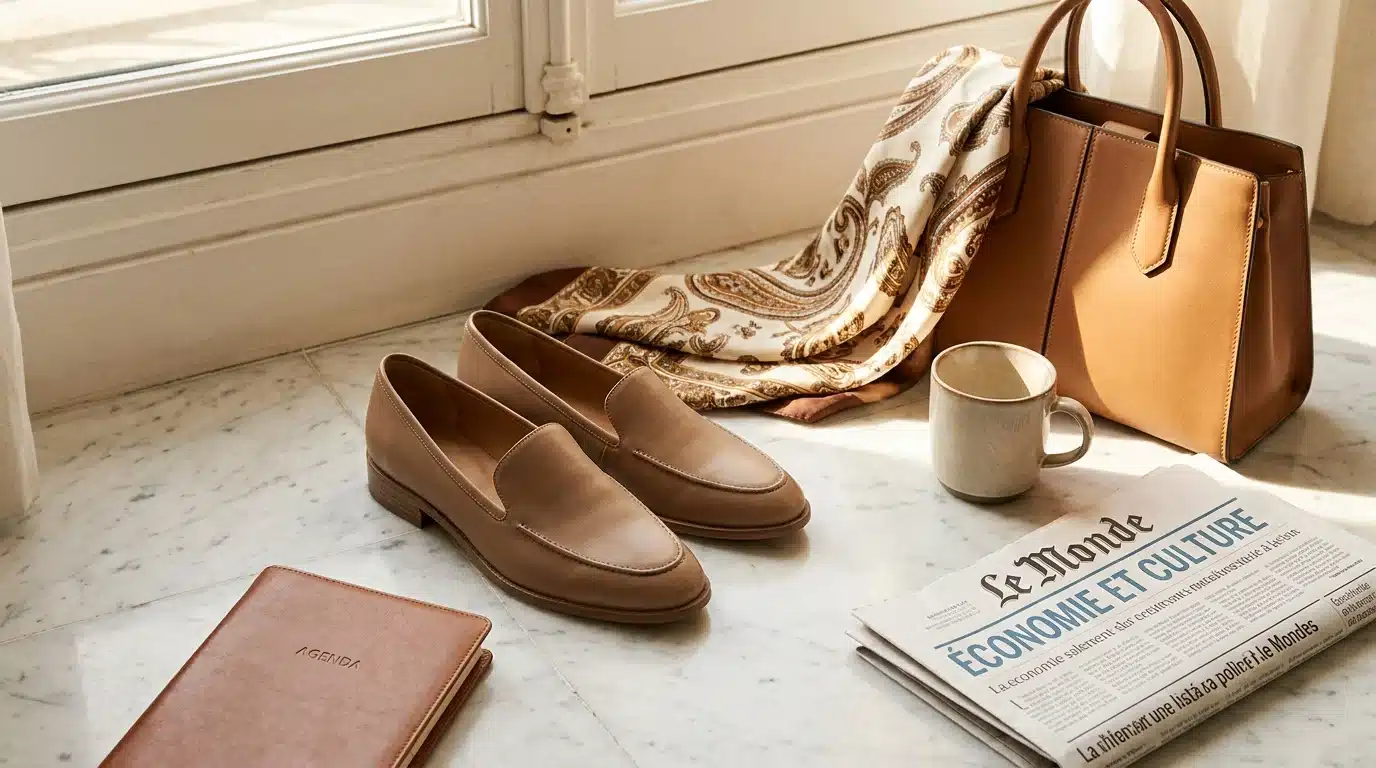 Mocassins femme élégants en cuir lisse posés sur un sol en marbre avec accessoires raffinés