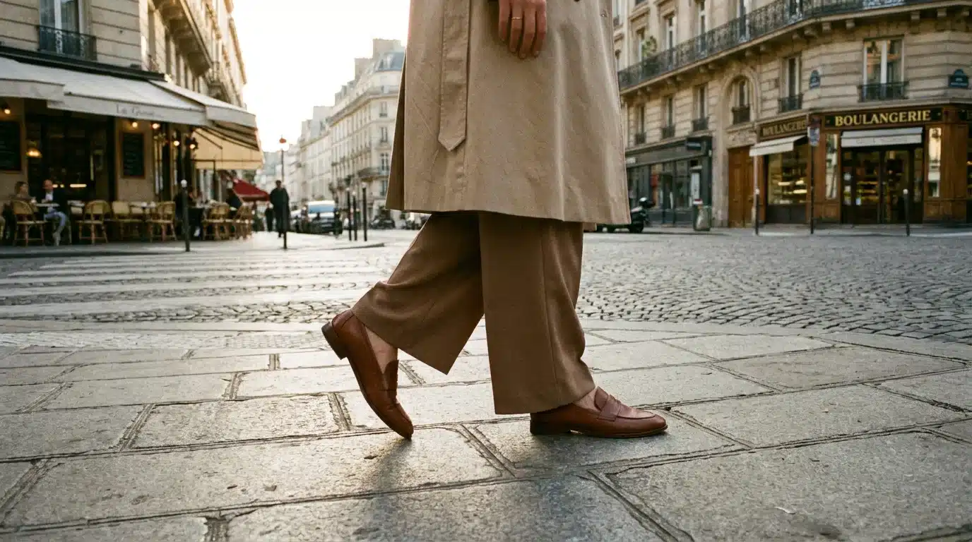 Femme portant des mocassins élégants en cuir marron avec un pantalon fluide dans une rue parisienne