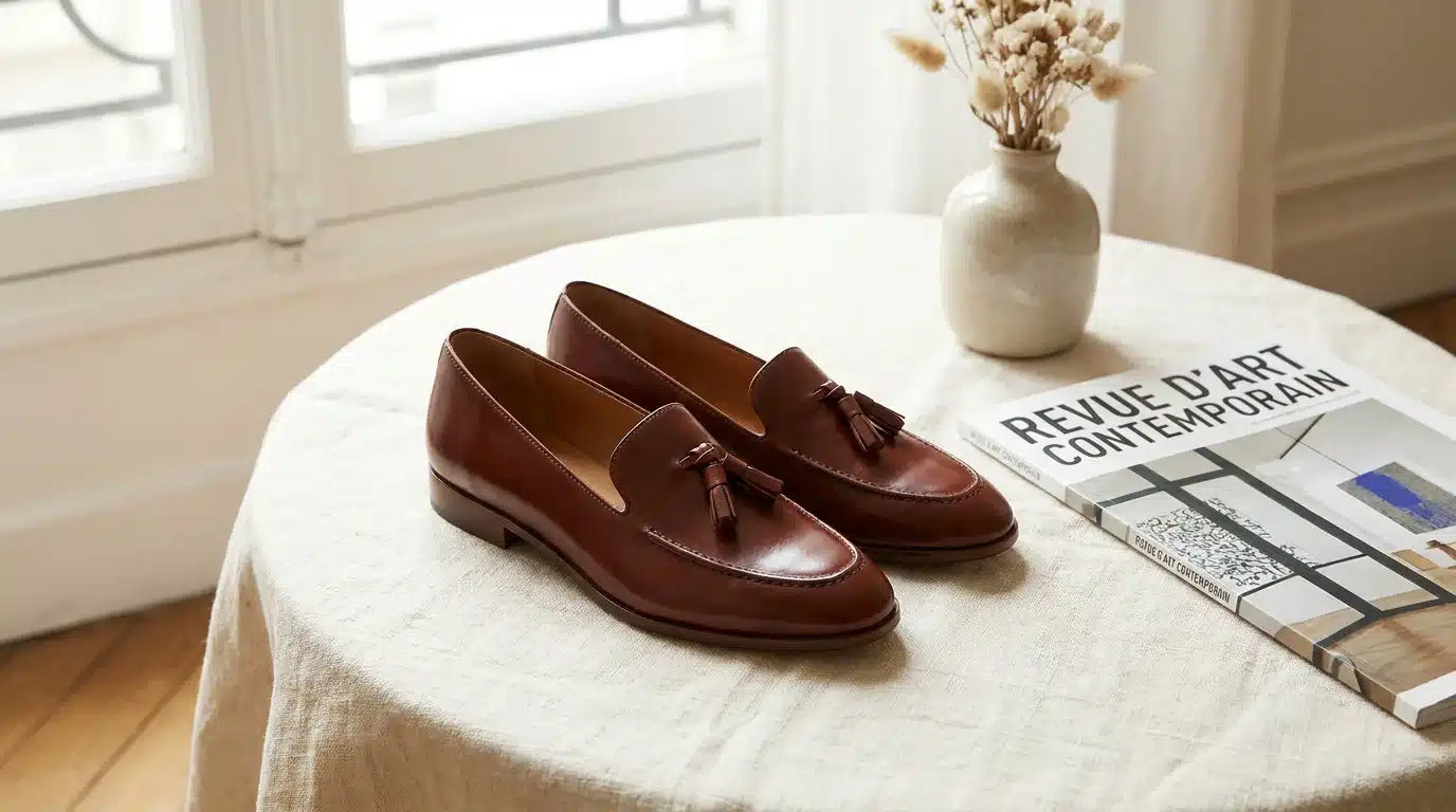 Mocassins femme en cuir lisse brun acajou sur tissu de lin crème