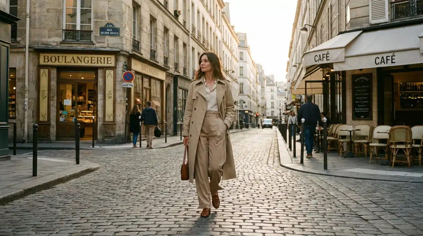 Femme élégante portant des mocassins en cuir dans une rue parisienne