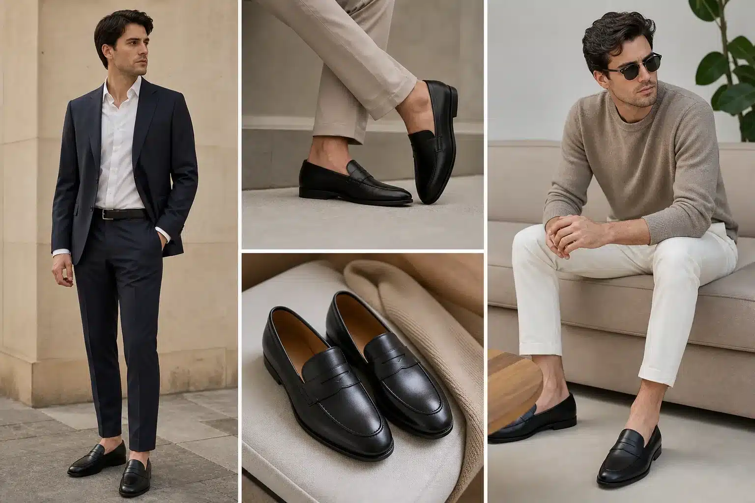 Chaussures mocassins en cuir noir avec tenues élégantes professionnelles