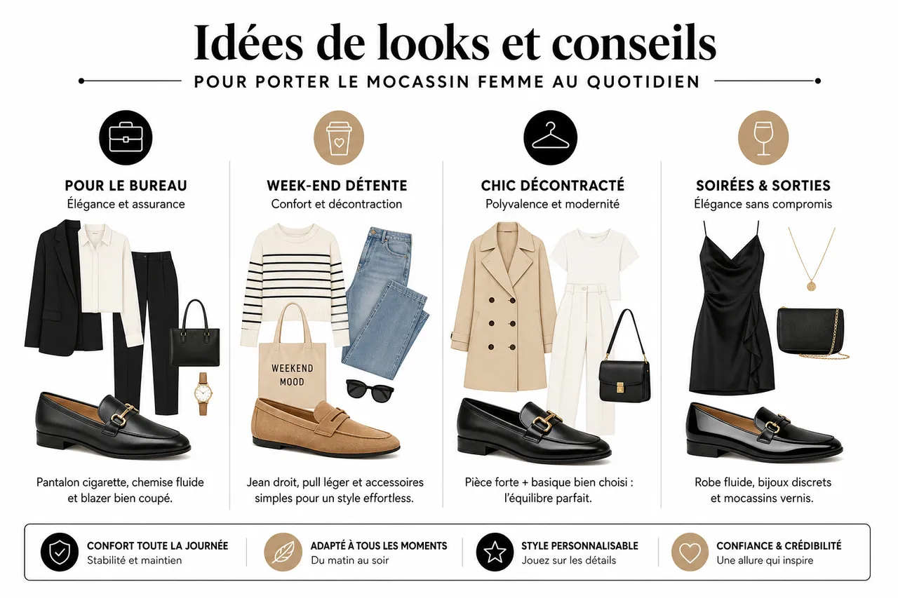 Les chaussures polyvalentes pour femme qui allient élégance et confort toute la journée , Idées de looks et conseils pour porter le mocassin femme au quotidien