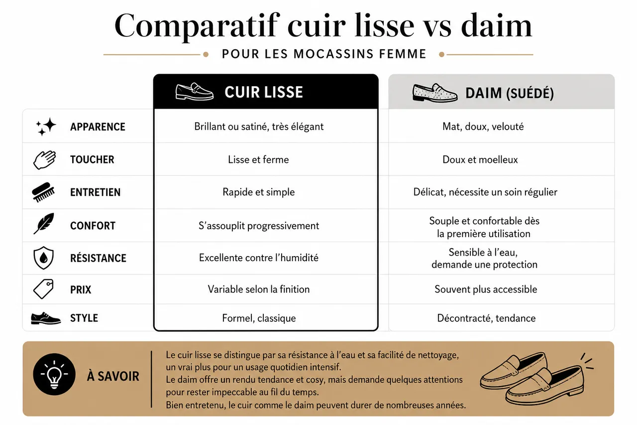 Cuir lisse vs daim: quel matériau choisir pour vos mocassins femme en 2026 , Comparatif cuir lisse vs daim pour les mocassins femme
