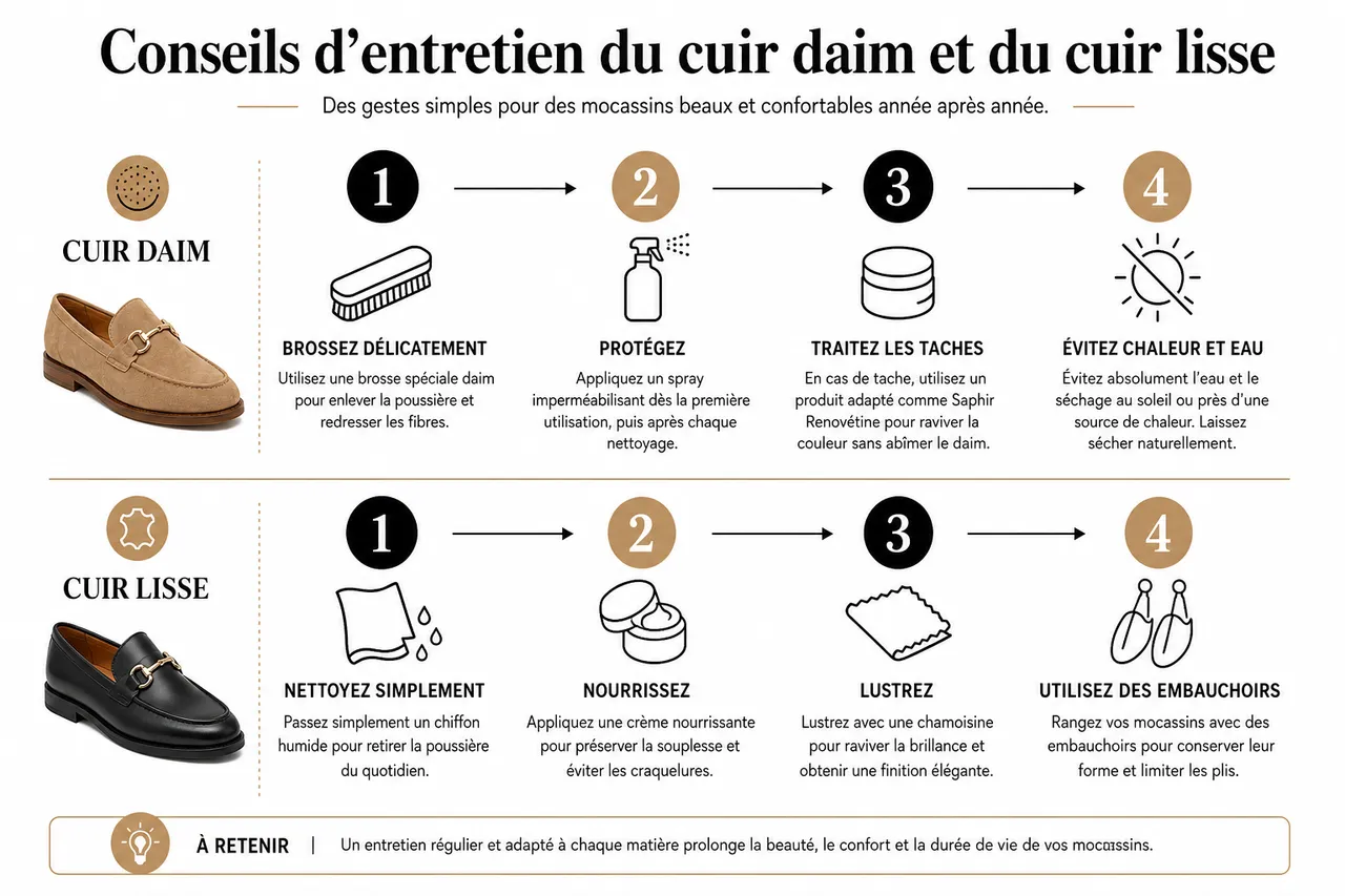 Cuir lisse vs daim: quel matériau choisir pour vos mocassins femme en 2026 , Conseils d’entretien du cuir daim et du cuir lisse