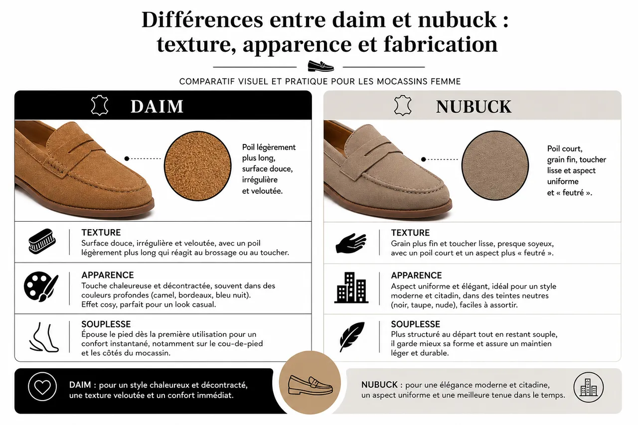 Daim ou nubuck: quelles différences essentielles pour votre choix de chaussures femme , Différences entre daim et nubuck: texture, apparence et fabrication
