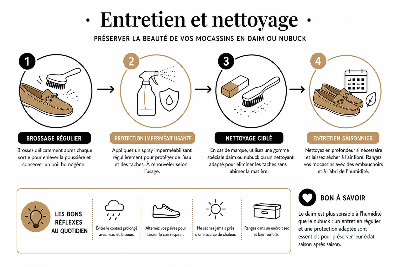 Daim ou nubuck: quelles différences essentielles pour votre choix de chaussures femme , Entretien et nettoyage: préserver la beauté de vos mocassins en daim ou nubuck