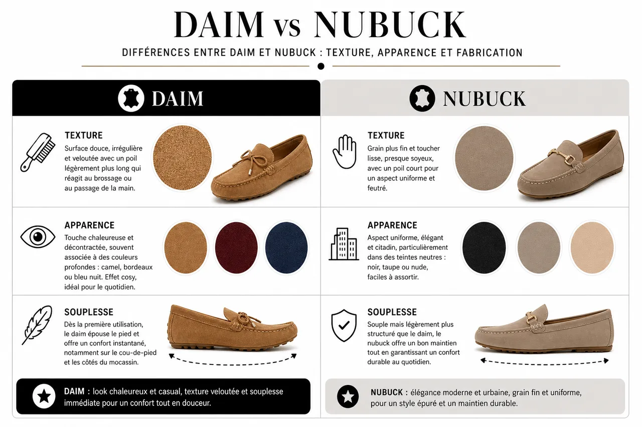Daim ou nubuck: quelles différences essentielles pour votre choix de chaussures femme , Différences entre daim et nubuck: texture, apparence et fabrication