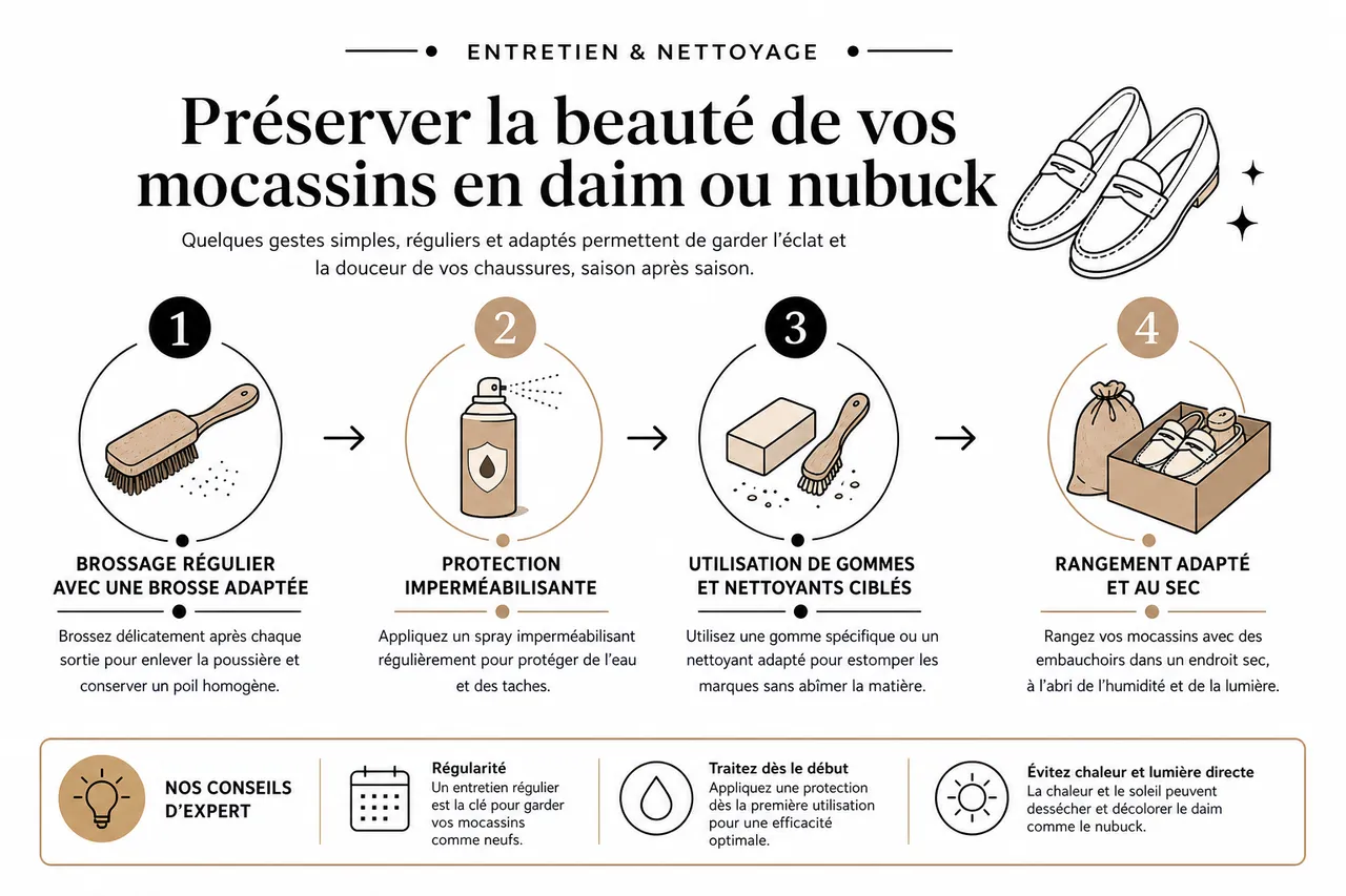 Daim ou nubuck: quelles différences essentielles pour votre choix de chaussures femme , Entretien et nettoyage: préserver la beauté de vos mocassins en daim ou nubuck