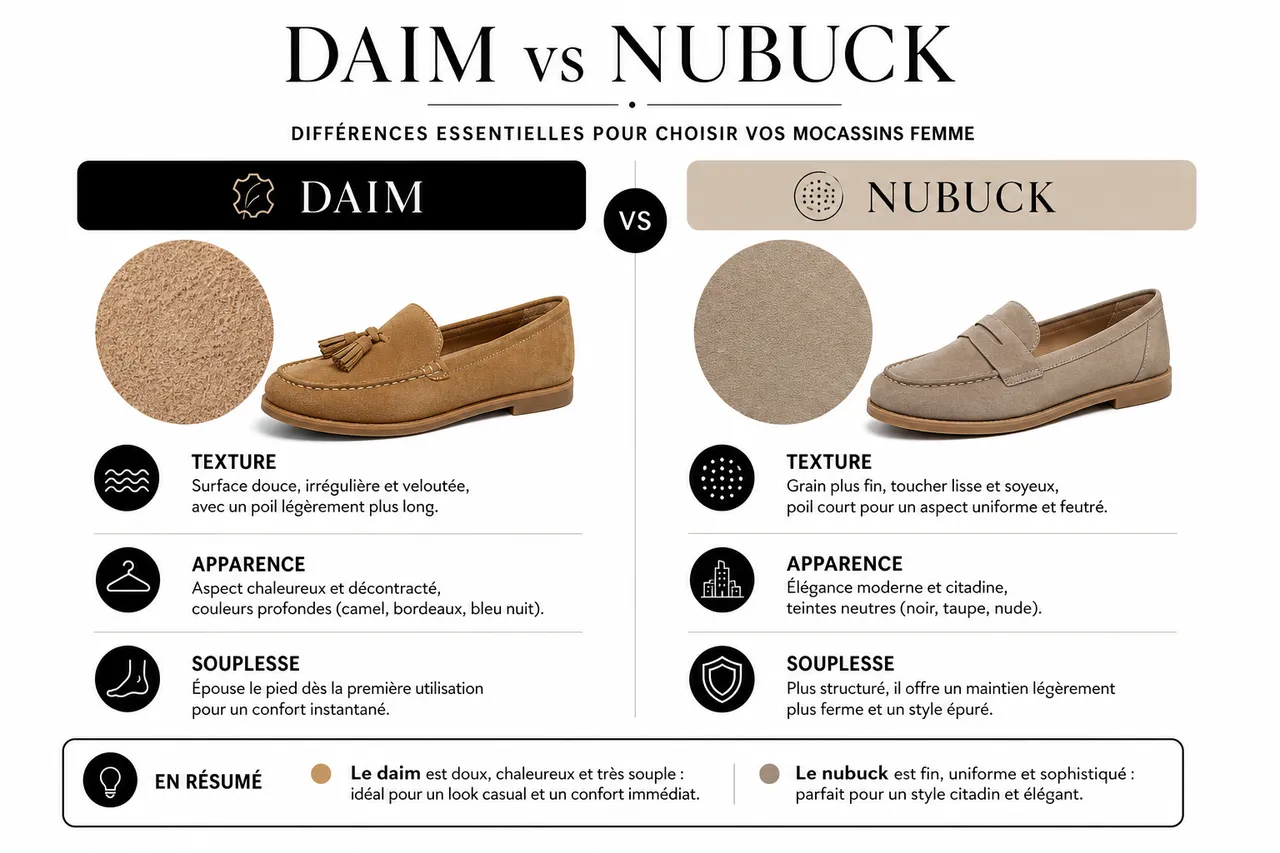 Daim ou nubuck: quelles différences essentielles pour votre choix de chaussures femme , Différences entre daim et nubuck: texture, apparence et fabrication