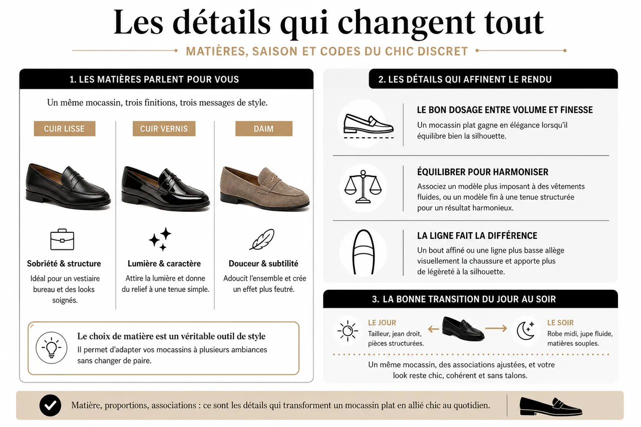 Comment porter des mocassins plates avec style pour un look chic sans talons , Les détails qui changent tout: matières, saison et codes du chic discret