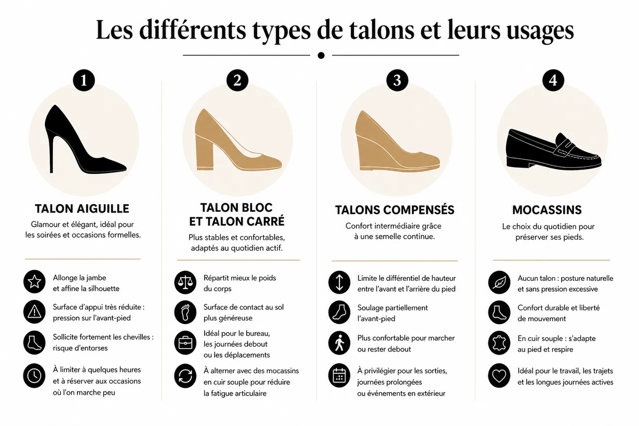 Pourquoi privilégier les mocassins pour ménager vos pieds face aux talons , Les différents types de talons et leurs usages