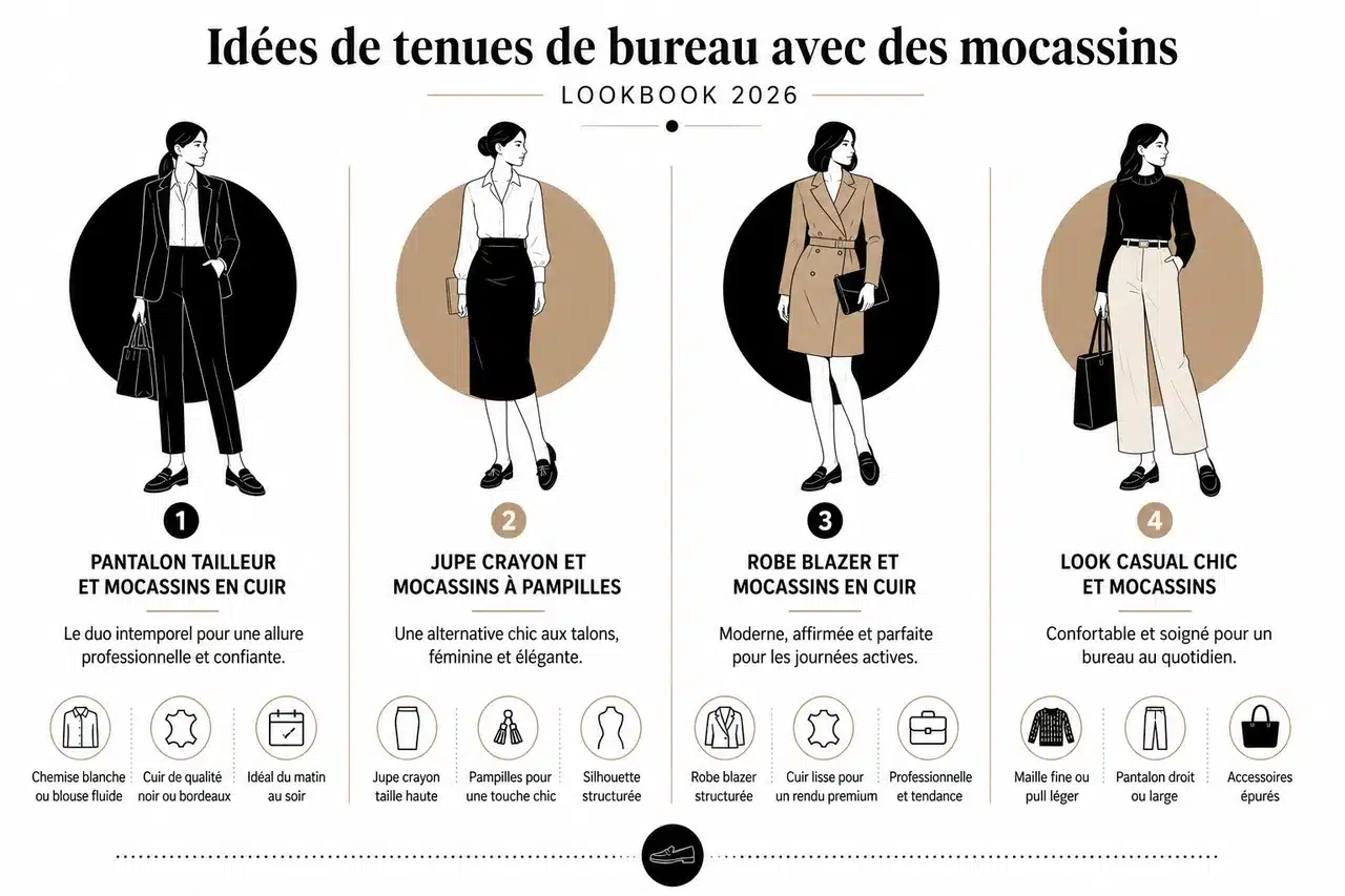 5 idées pour porter des mocassins au bureau avec style et modernité , Idées de tenues de bureau avec des mocassins (lookbook 2026)