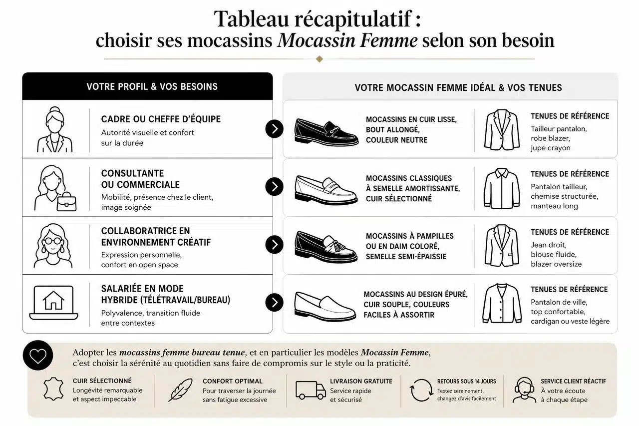5 idées pour porter des mocassins au bureau avec style et modernité , Tableau récapitulatif: choisir ses mocassins Mocassin Femme selon son besoin