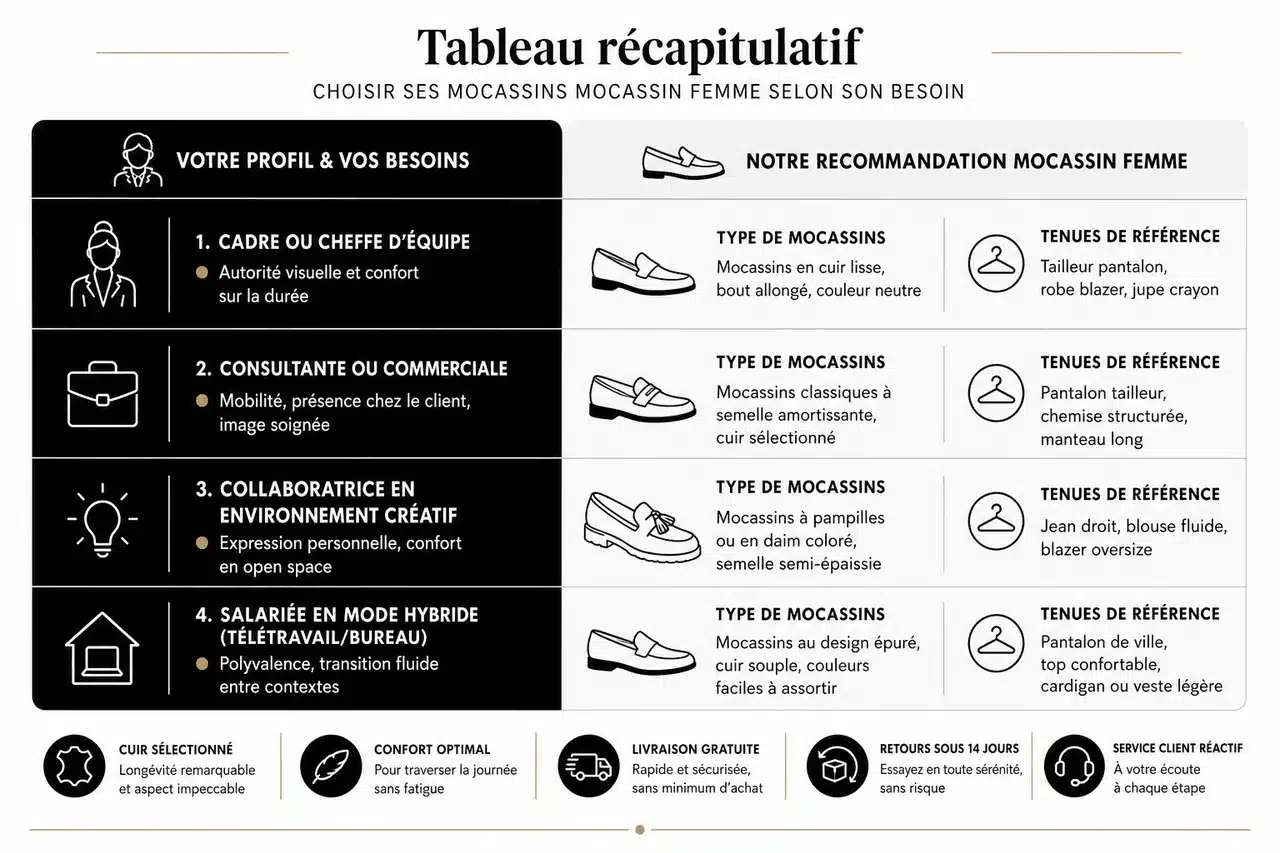 5 idées pour porter des mocassins au bureau avec style et modernité , Tableau récapitulatif: choisir ses mocassins Mocassin Femme selon son besoin