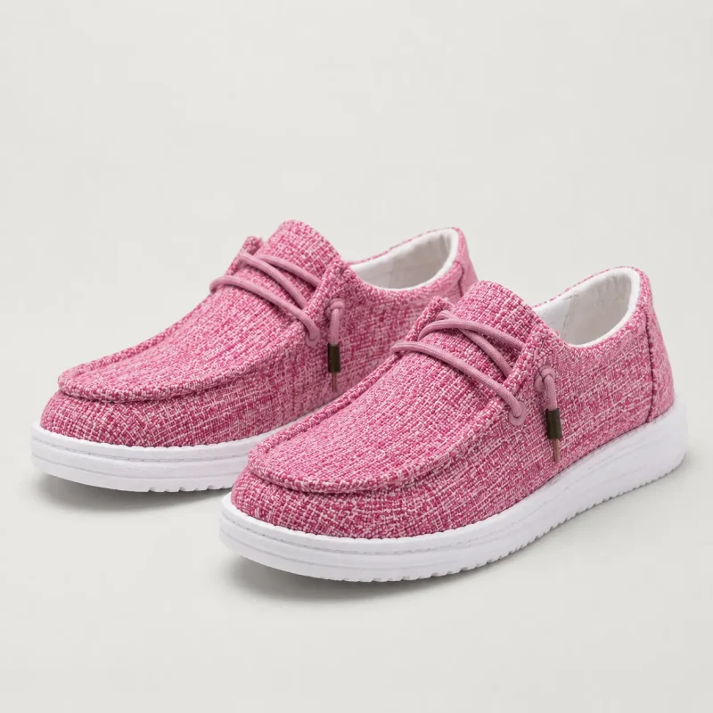 Mocassins femme en toile ultra-légers coloris rose, vue de face sur fond studio