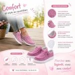Infographie des caractéristiques des mocassins femme en toile légers et antidérapants
