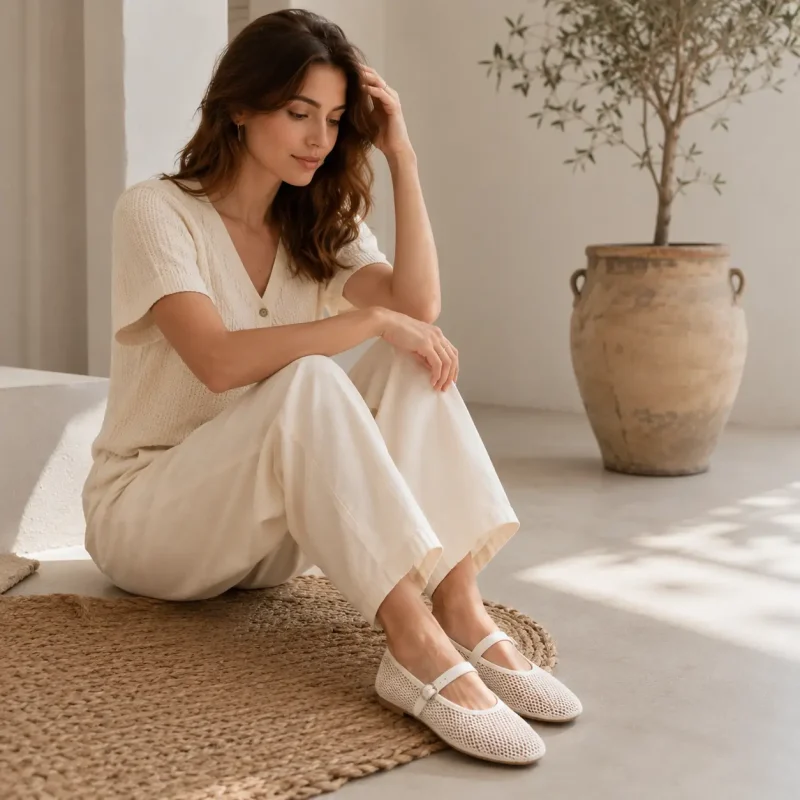 Femme portant des babies blanches à bride avec une tenue d'été légère