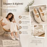 Babies Femme à Bride, Bout Rond Ajouré specs Caractéristiques de la babies femme : semelle plate souple, bride à boucle, bout rond