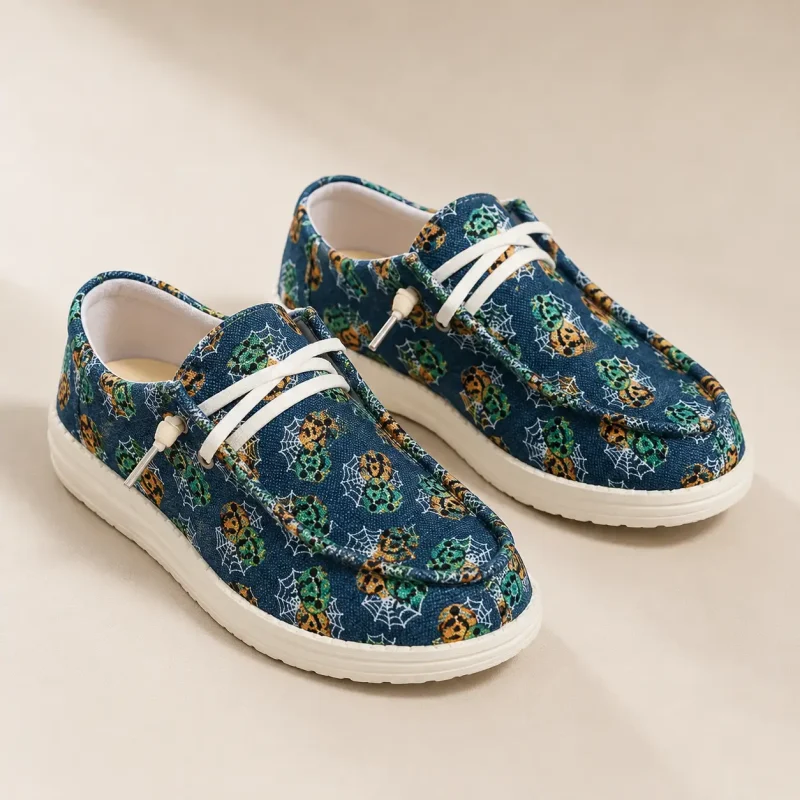 Mocassin femme en toile bleue à semelle souple, vue de face sur fond studio