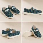 Mocassin Femme Toile Bleu Semelle Souple Antidérapant-angles Mocassin femme toile bleu vu sous plusieurs angles, détail de la semelle caoutchouc antidérapante