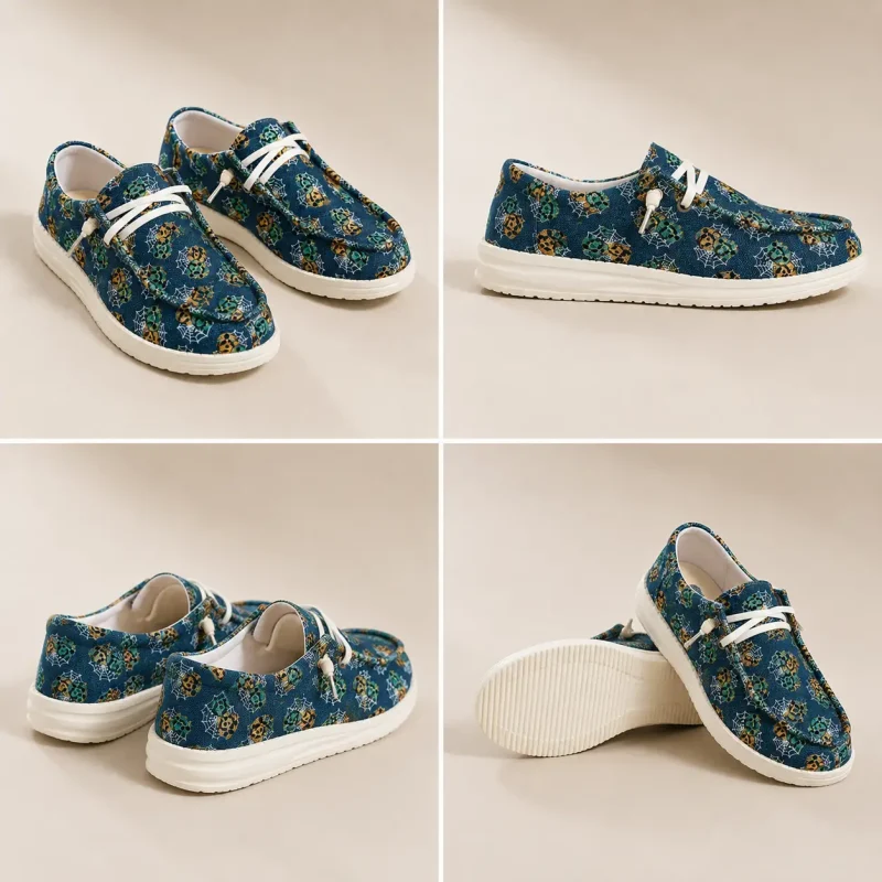 Mocassin femme toile bleu vu sous plusieurs angles, détail de la semelle caoutchouc antidérapante