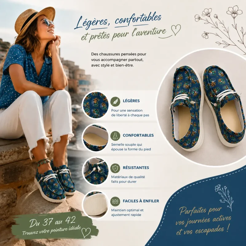 Infographie des caractéristiques du mocassin femme toile bleu : semelle souple, slip-on, respirant