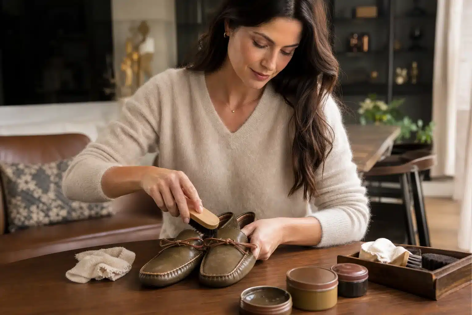 Cuir mocassins élégants avec outils d'entretien à domicile