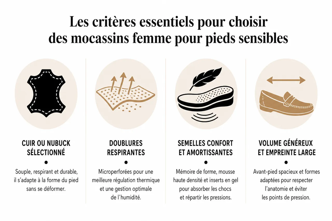 Comment repérer des mocassins adaptés aux pieds sensibles pour un confort optimal , Les critères essentiels pour choisir des mocassins femme pour pieds sensibles
