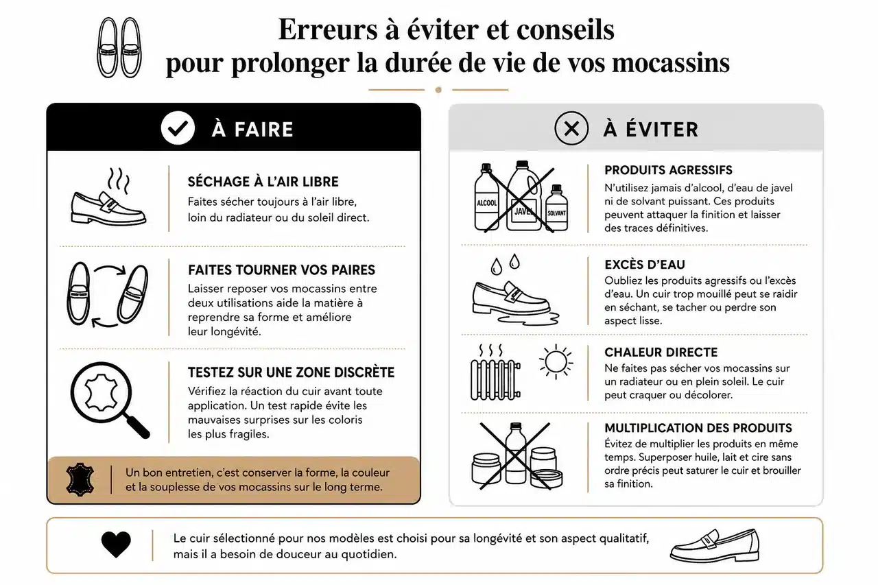 7 astuces pour entretenir vos mocassins en cuir sans les abîmer à la maison , Erreurs à éviter et conseils pour prolonger la durée de vie de vos mocassins