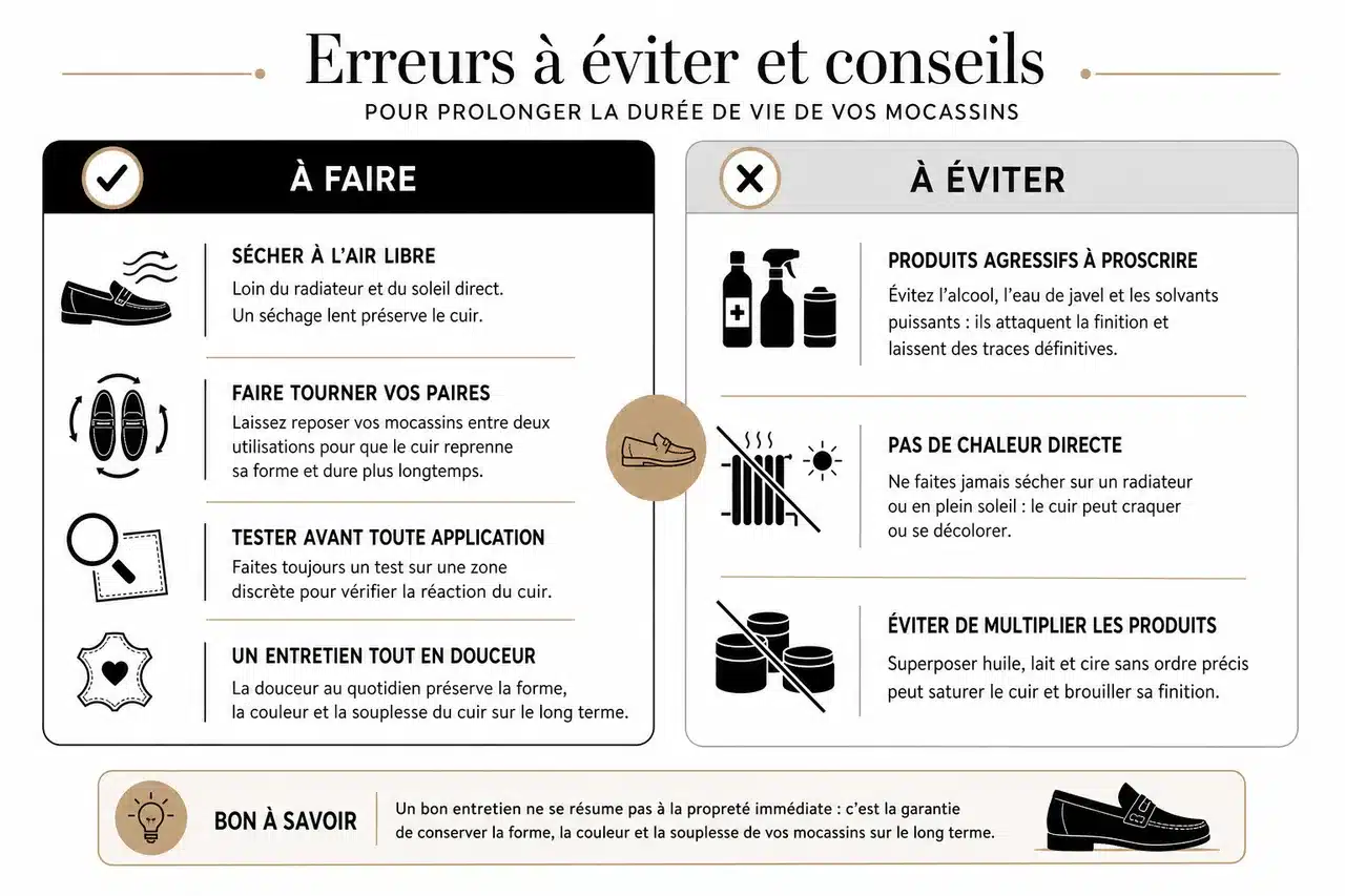 7 astuces pour entretenir vos mocassins en cuir sans les abîmer à la maison , Erreurs à éviter et conseils pour prolonger la durée de vie de vos mocassins