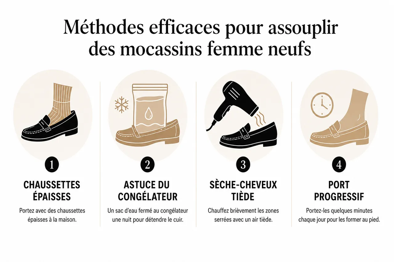Comment assouplir des mocassins femme neufs sans créer d’inconfort ni ampoules , Méthodes efficaces pour assouplir des mocassins femme neufs