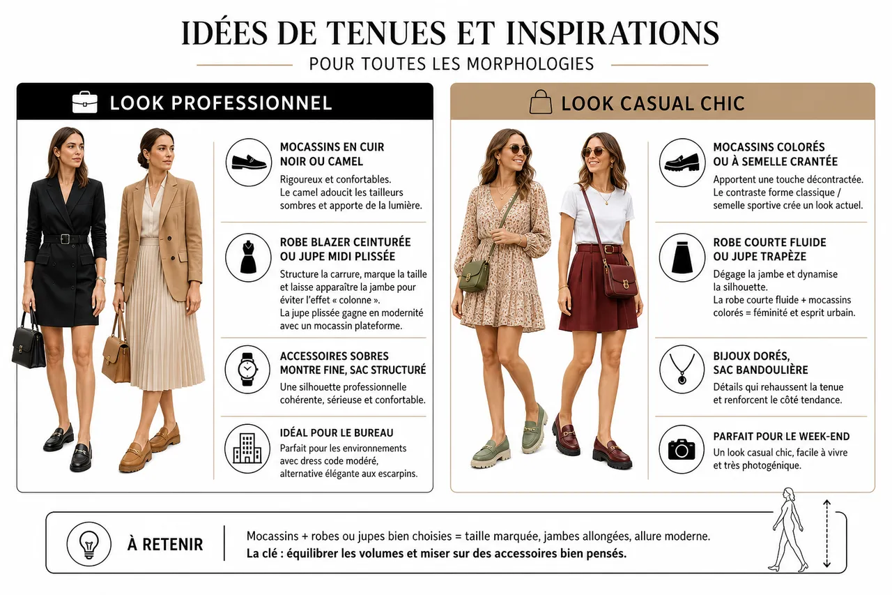 Éviter l’effet tassé: comment associer mocassins et robes ou jupes pour allonger la silhouette , Idées de tenues et inspirations pour toutes les morphologies