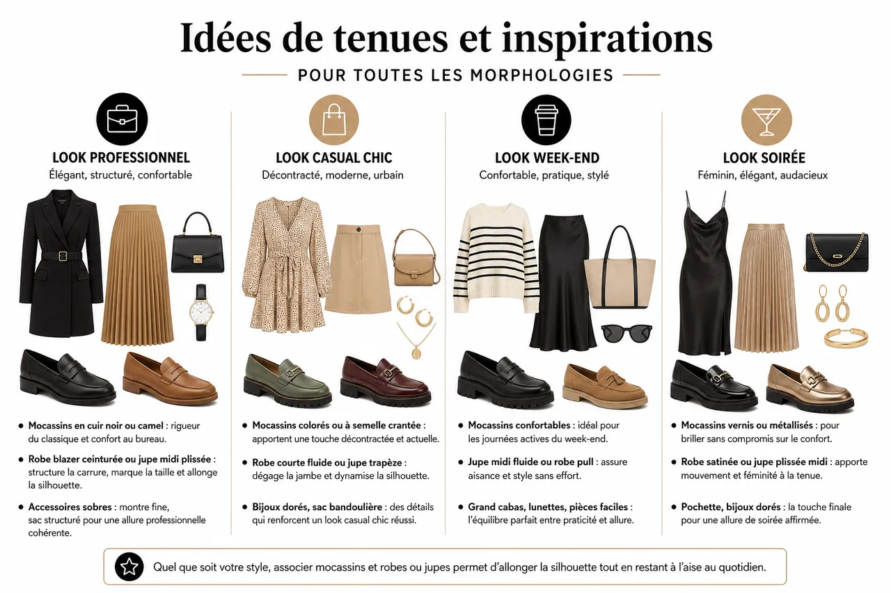 Éviter l’effet tassé: comment associer mocassins et robes ou jupes pour allonger la silhouette , Idées de tenues et inspirations pour toutes les morphologies