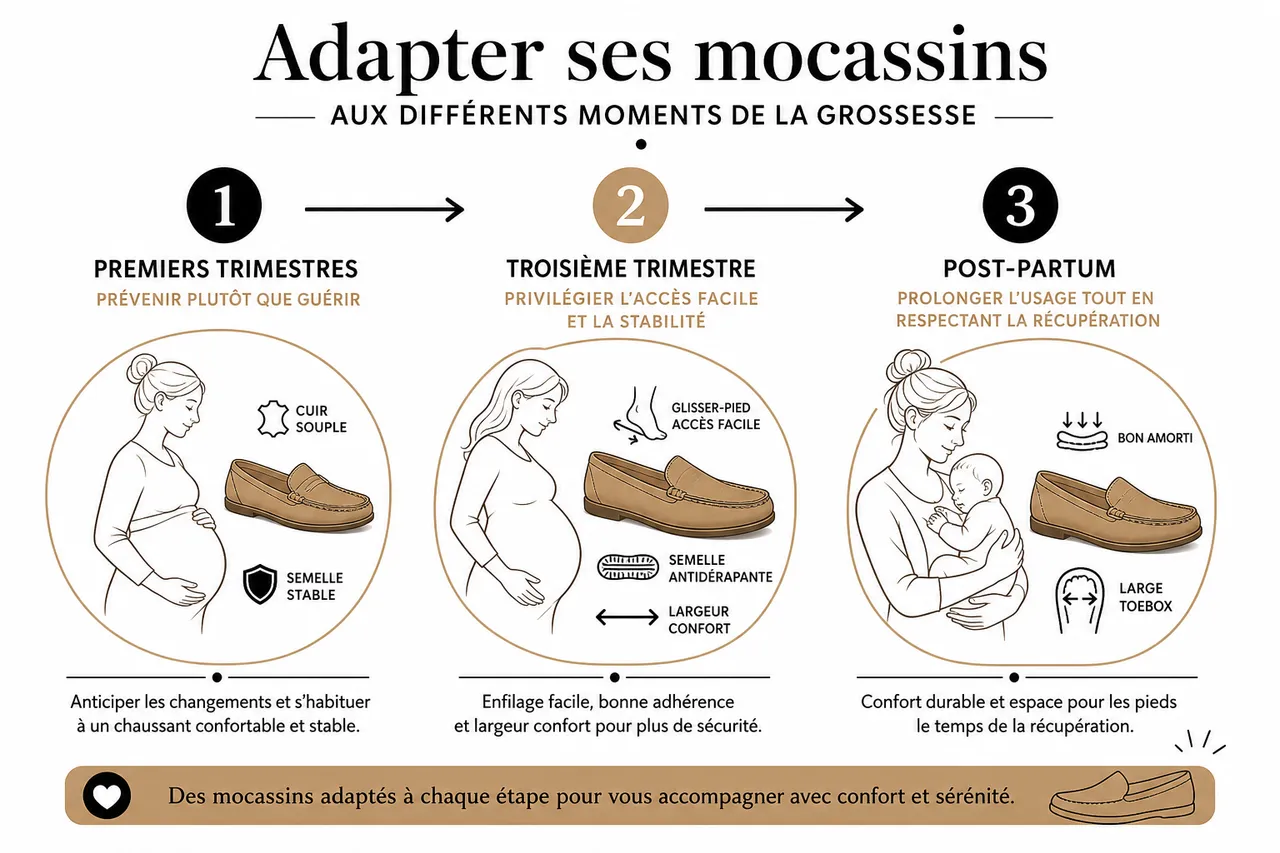Quels mocassins choisir pour femme enceinte pour un confort optimal , Adapter ses mocassins aux différents moments de la grossesse
