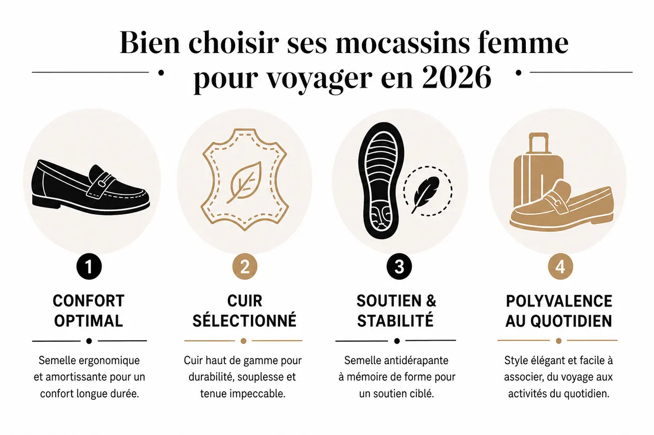 Mocassins pour voyager en avion ou en train: confort et style en 2026 , Bien choisir ses mocassins femme pour voyager en 2026