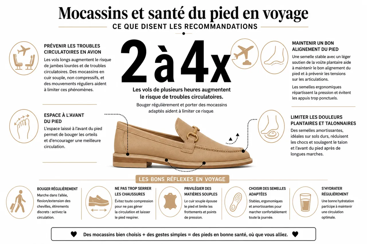 Mocassins pour voyager en avion ou en train: confort et style en 2026 , Mocassins et santé du pied en voyage: ce que disent les recommandations