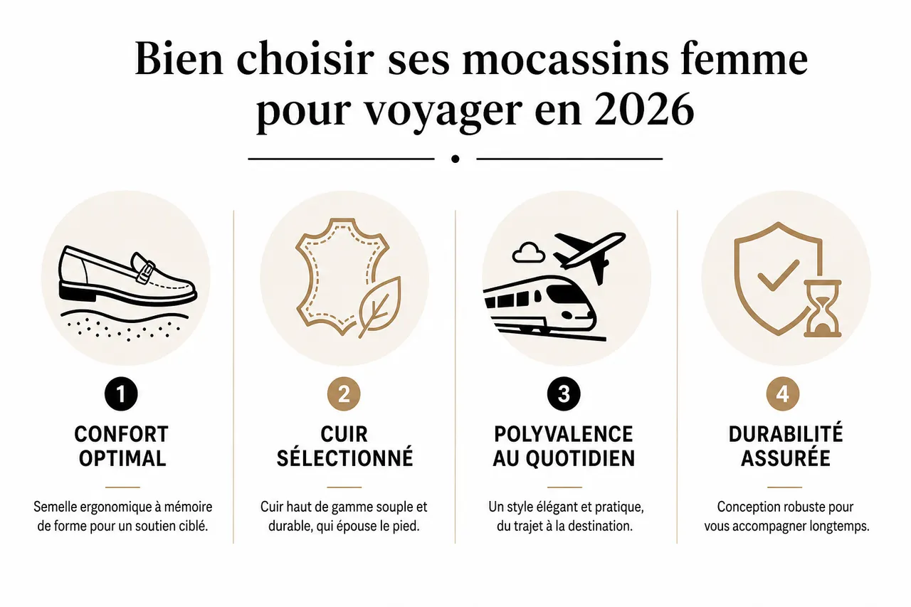 Mocassins pour voyager en avion ou en train: confort et style en 2026 , Bien choisir ses mocassins femme pour voyager en 2026