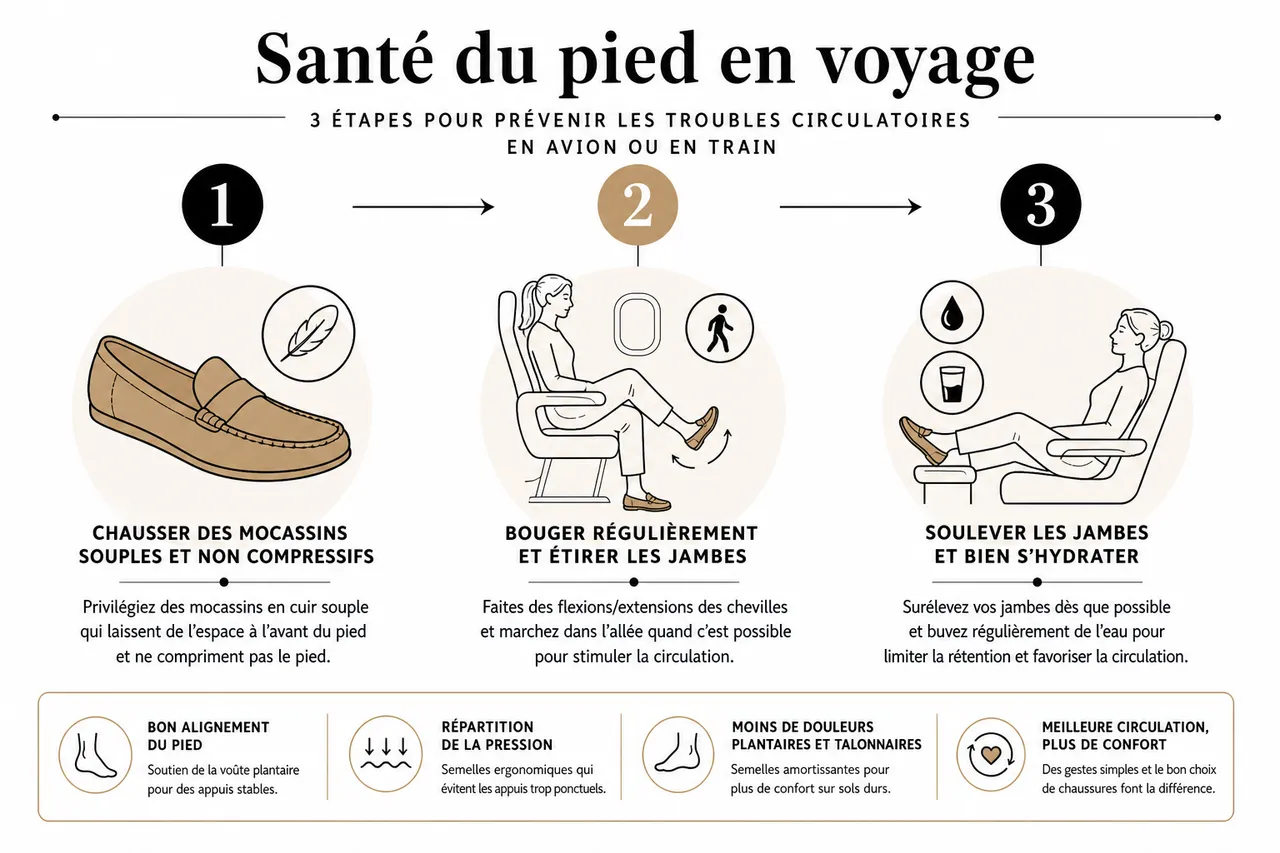 Mocassins pour voyager en avion ou en train: confort et style en 2026 , Mocassins et santé du pied en voyage: ce que disent les recommandations