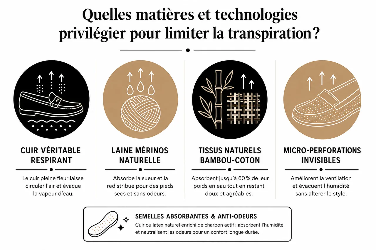 Comment choisir des mocassins pour femmes avec les pieds qui transpirent beaucoup , Quelles matières et technologies privilégier pour limiter la transpiration?