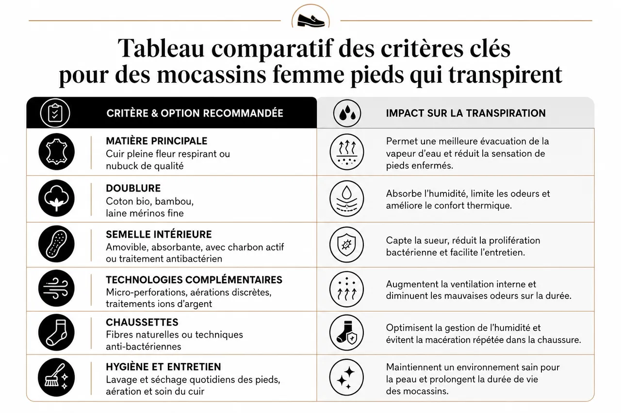 Comment choisir des mocassins pour femmes avec les pieds qui transpirent beaucoup , Tableau comparatif des critères clés pour des mocassins femme pieds qui transpirent