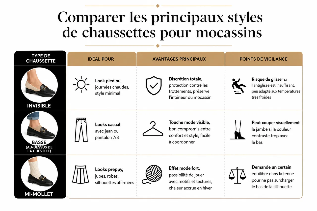 Faut-il porter des chaussettes avec des mocassins femme et lesquelles choisir , Comparer les principaux styles de chaussettes pour mocassins