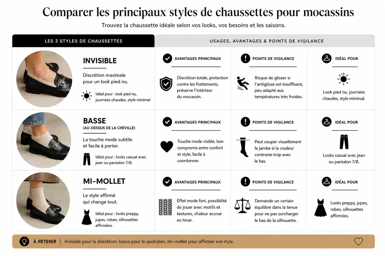 Faut-il porter des chaussettes avec des mocassins femme et lesquelles choisir , Comparer les principaux styles de chaussettes pour mocassins