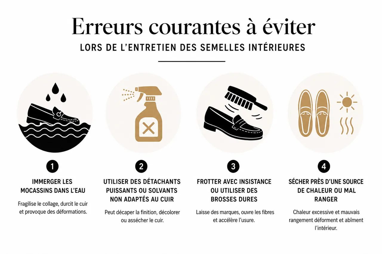 Comment entretenir l’intérieur de vos mocassins pour éviter odeurs et déformations , Erreurs courantes à éviter lors de l’entretien des semelles intérieures