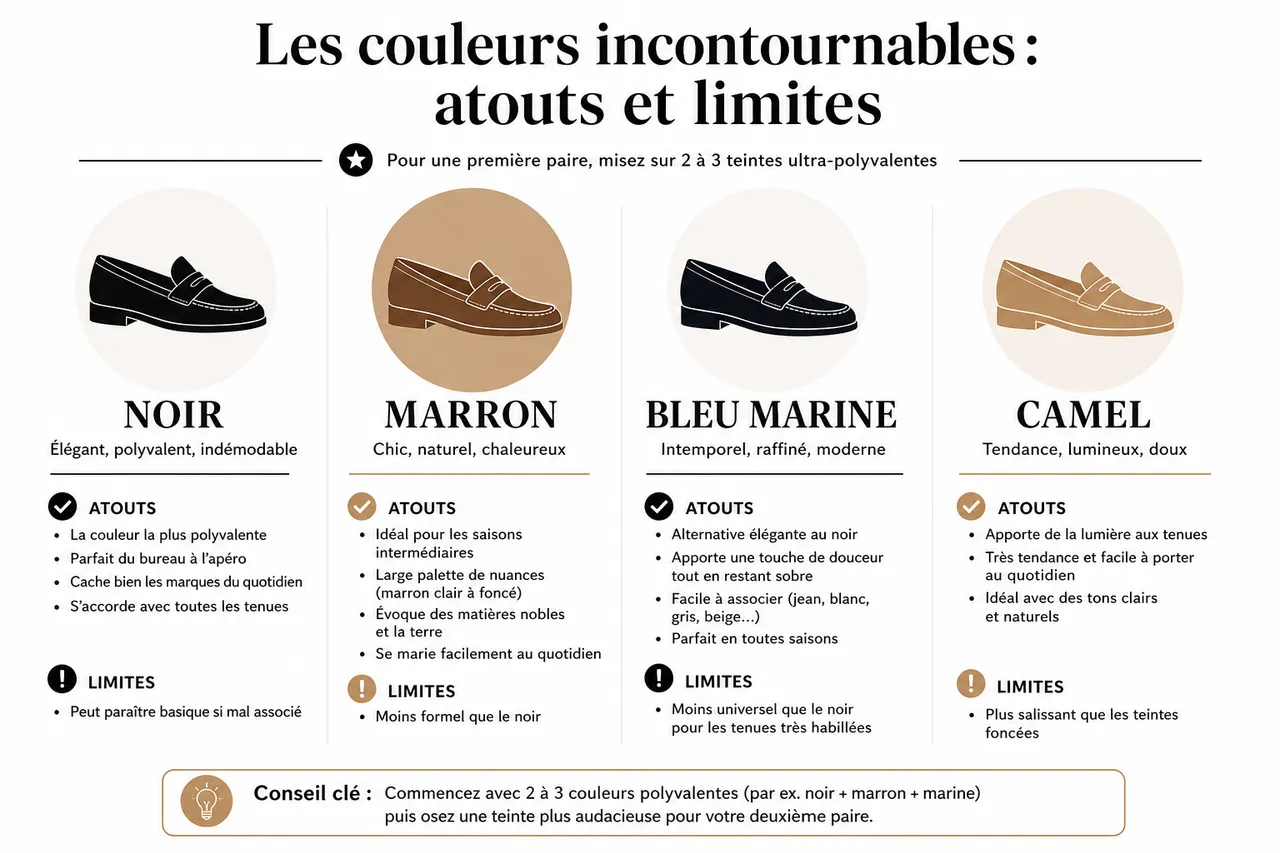 Quelle couleur de mocassins femme choisir pour une polyvalence maximale , Les couleurs incontournables: atouts et limites